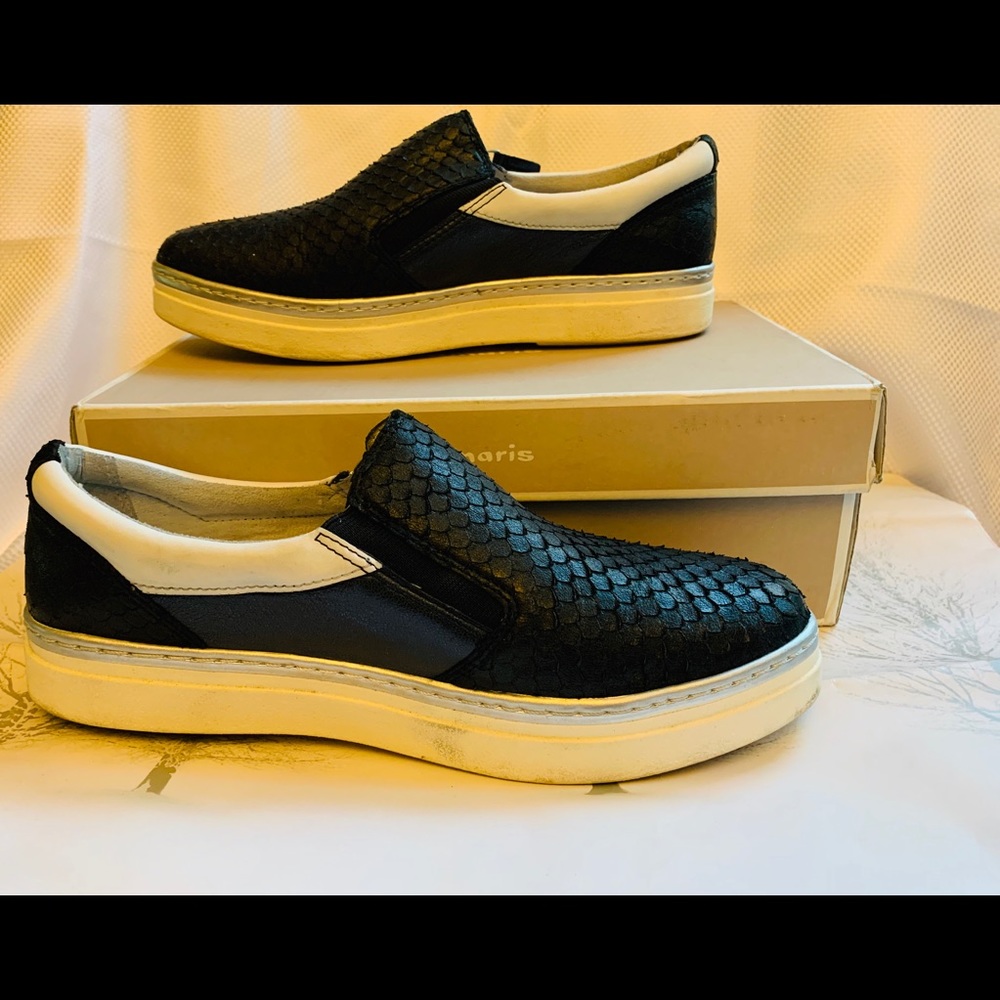 Snakeskin-like & leather, black & white sneakers
